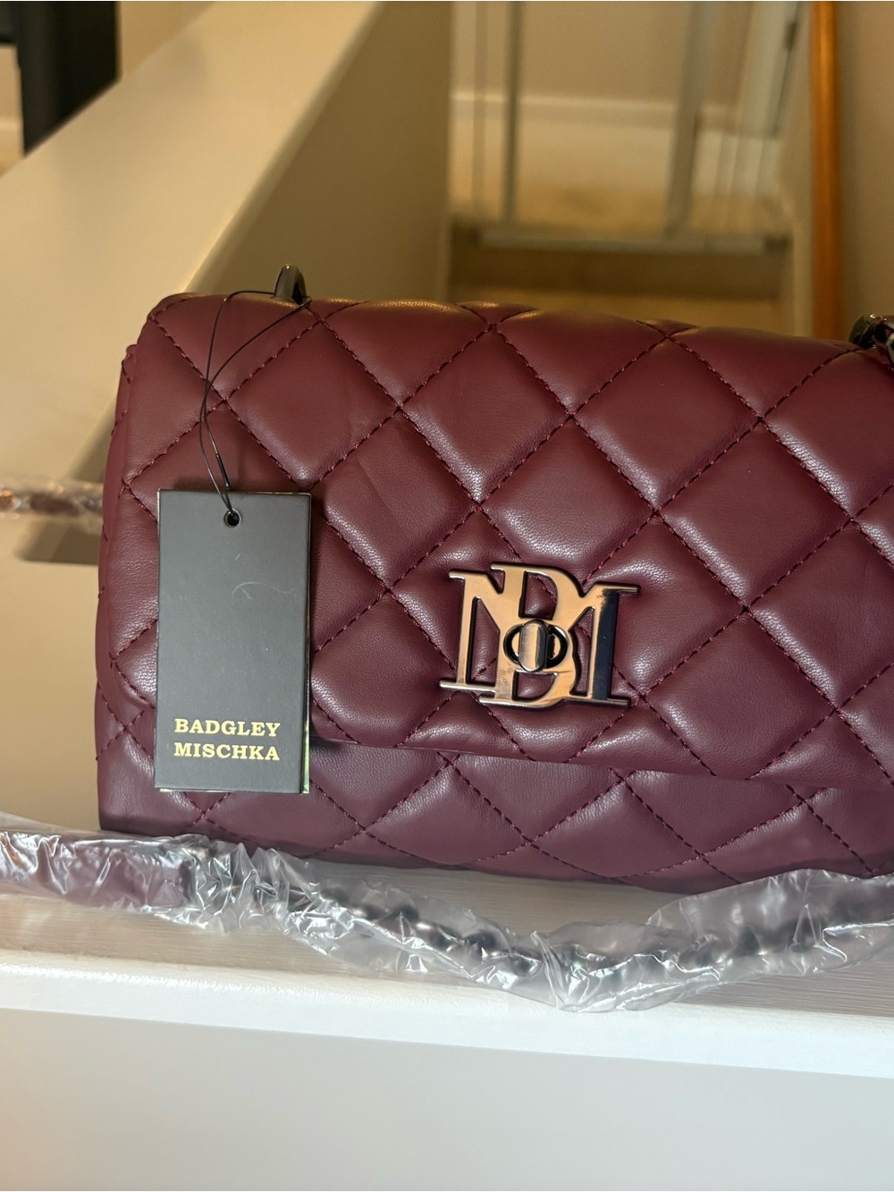 Badgley Mischka Quilted Burgundy Shoulder Bag with Gold Hardware